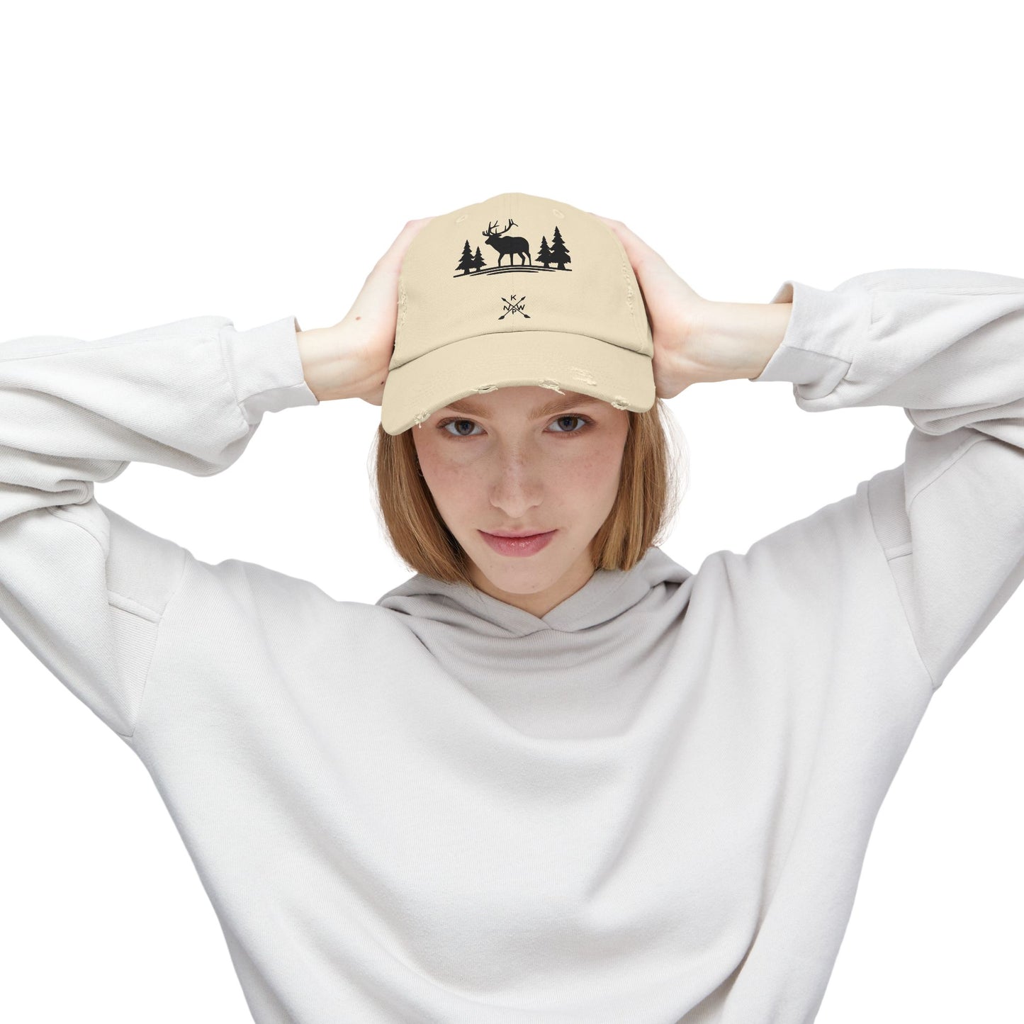 Unisex Distressed Wilderness Cap - Nature-Inspired Design with Deer and Trees