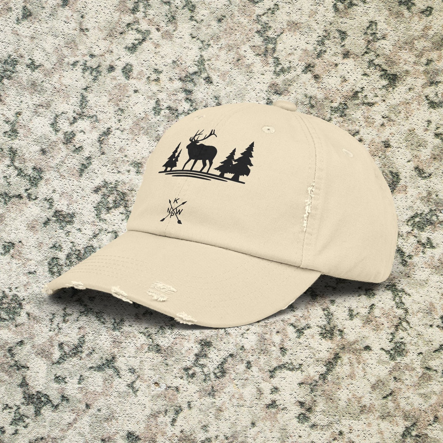 Unisex Distressed Wilderness Cap - Nature-Inspired Design with Deer and Trees