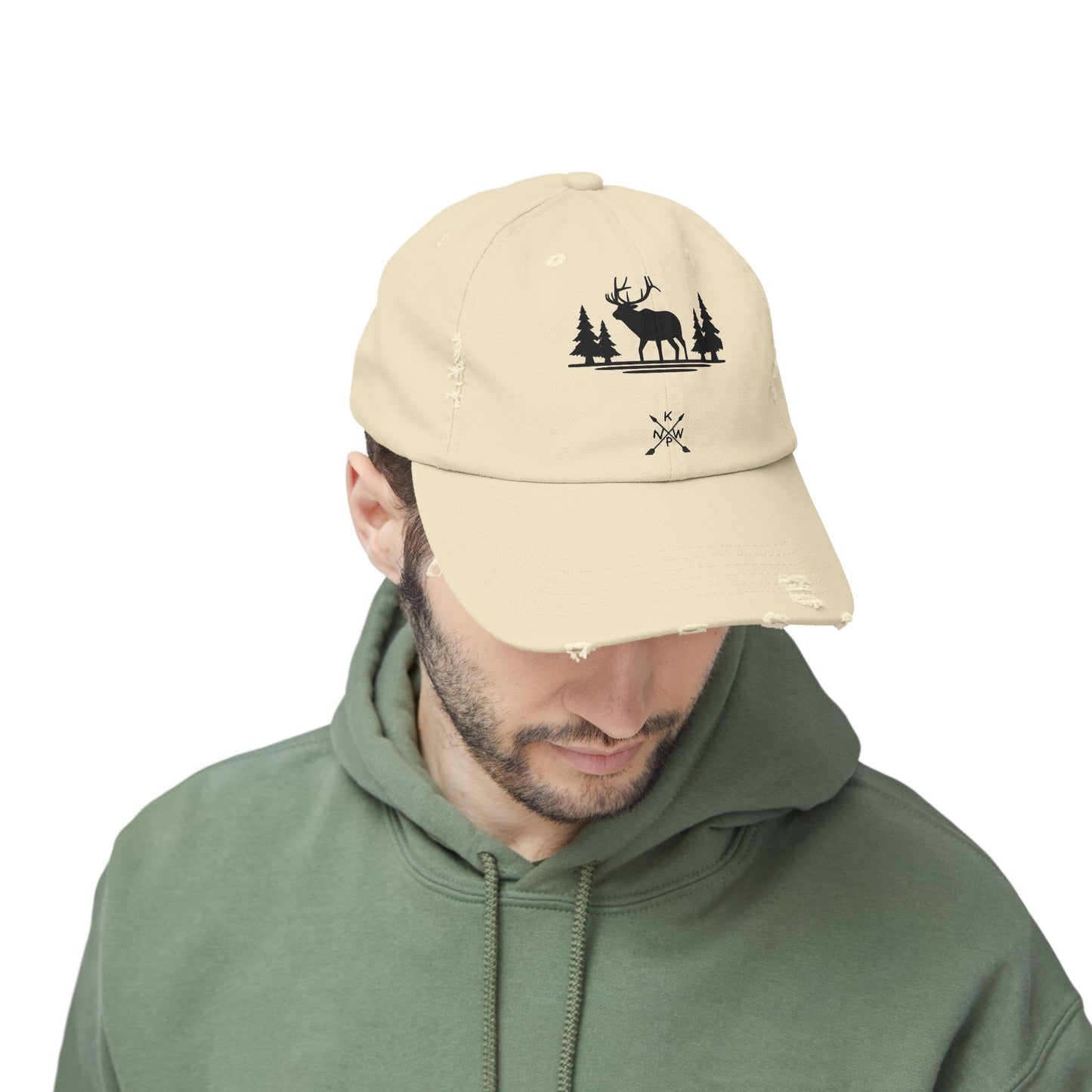 Unisex Distressed Wilderness Cap - Nature-Inspired Design with Deer and Trees