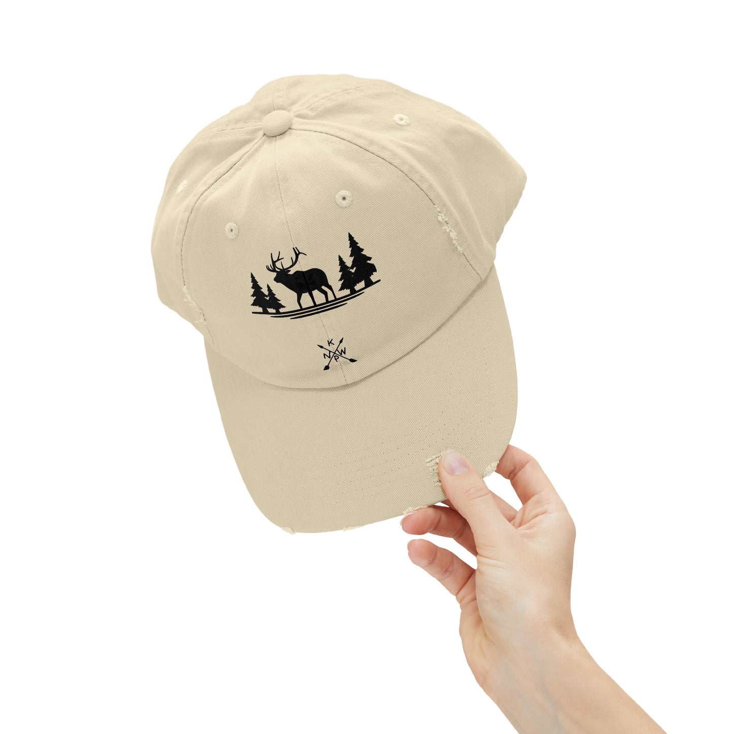 Unisex Distressed Wilderness Cap - Nature-Inspired Design with Deer and Trees