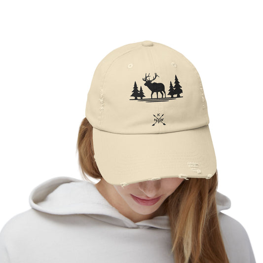Unisex Distressed Wilderness Cap - Nature-Inspired Design with Deer and Trees