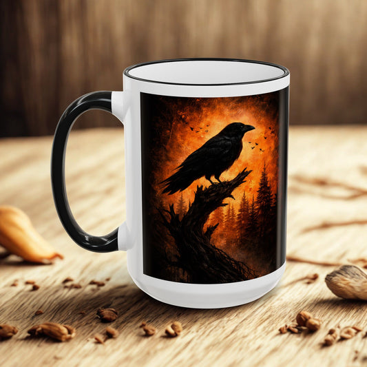Raven Forest Sunset Accent Rim Mug  | Raven Lovers | 15oz Mug