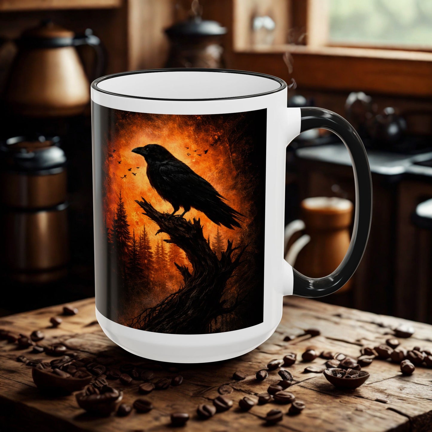 Raven Forest Sunset Accent Rim Mug  | Raven Lovers | 15oz Mug